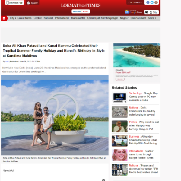 Lokmat times india: Tropikal summer family holiday at Kandima Maldives