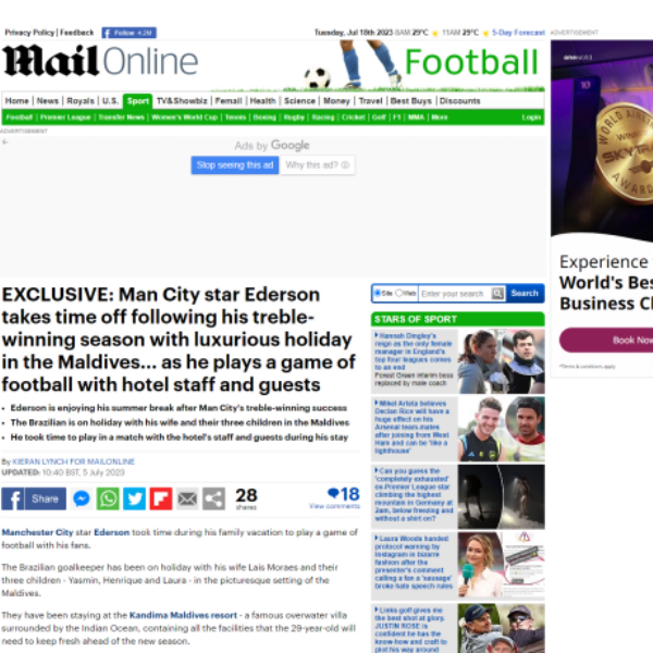Mail online: Man City star Ederson enjoying in the Maldives