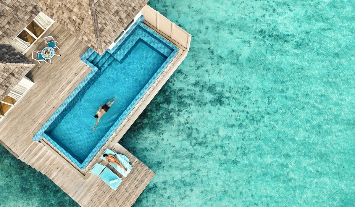 Aerial of ocean pool villa at Kandima Maldives